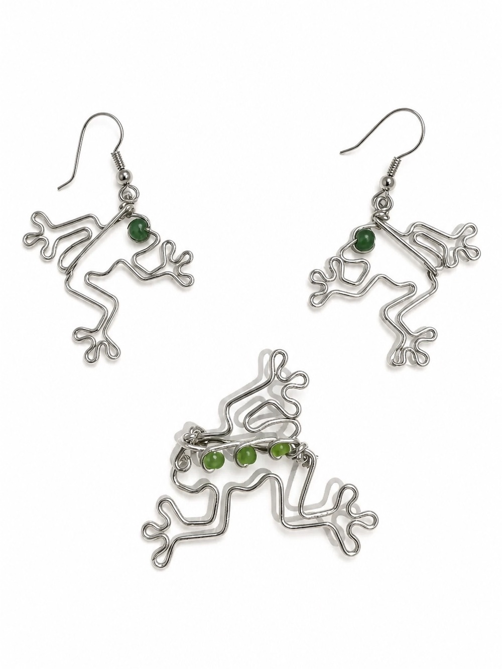 Vintage Frog Wire Earrings & Brooch Set with Green Beads